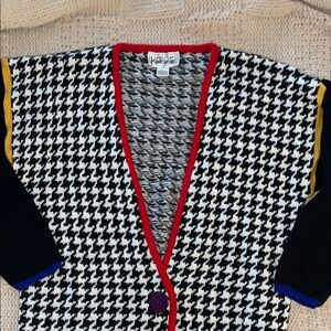Vintage Houndstooth Cardigan with Red Trim